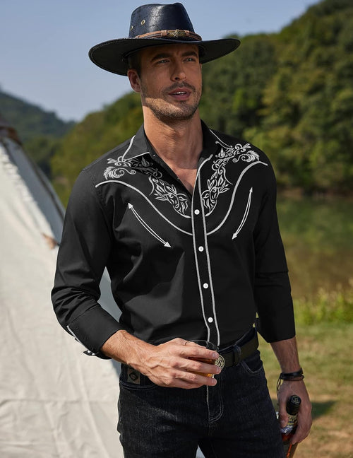 Men'S Cowboy Shirtss Embroidered Rose Design Shirts Western Long Sleeve Button down Shirts