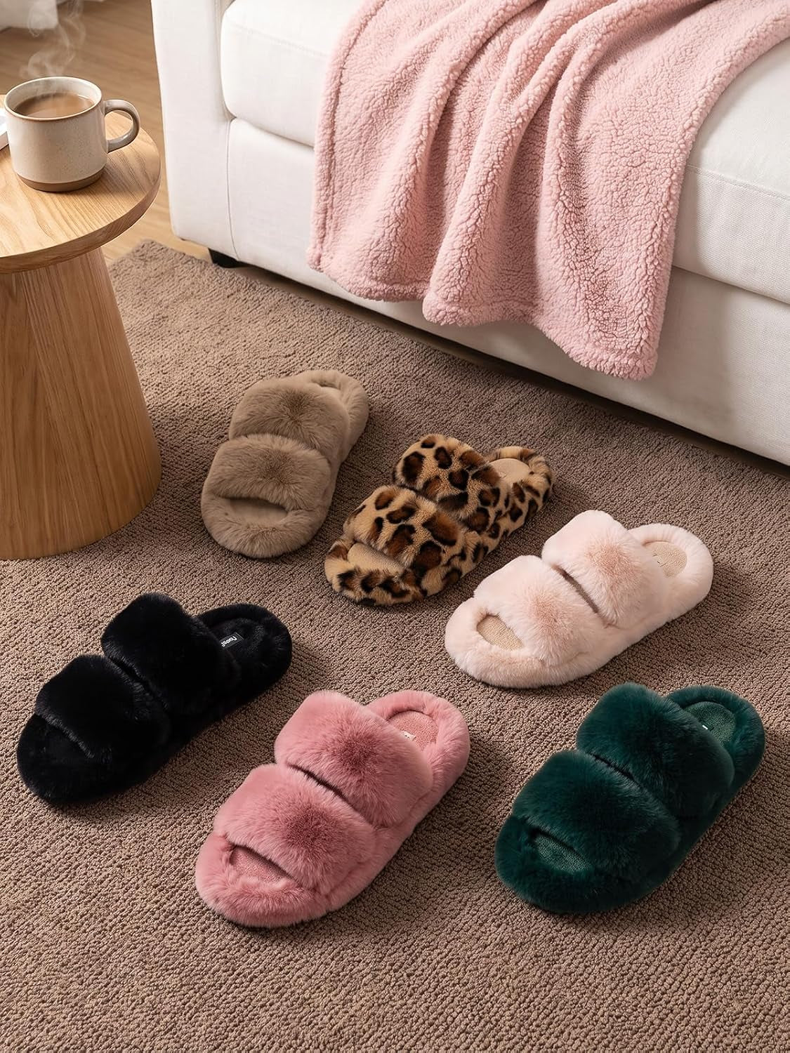 Women'S Fluffy Faux Fur Slippers Comfy Open Toe Two Band Slides with Fleece Lining and Rubber Sole